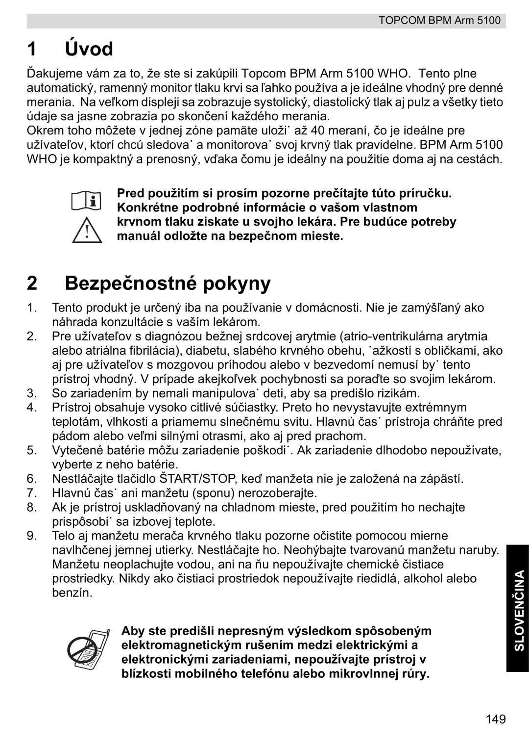 Topcom 5100 WHO manual do utilizador Úvod, Bezpenostné pokyny 