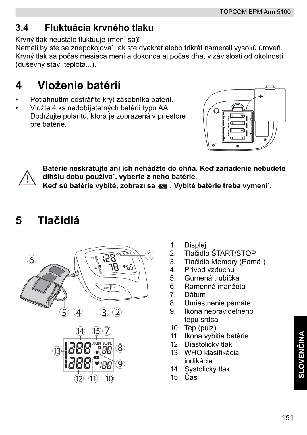 Topcom 5100 WHO manual do utilizador Vloženie batérií, Tlaá, Fluktuácia krvného tlaku 