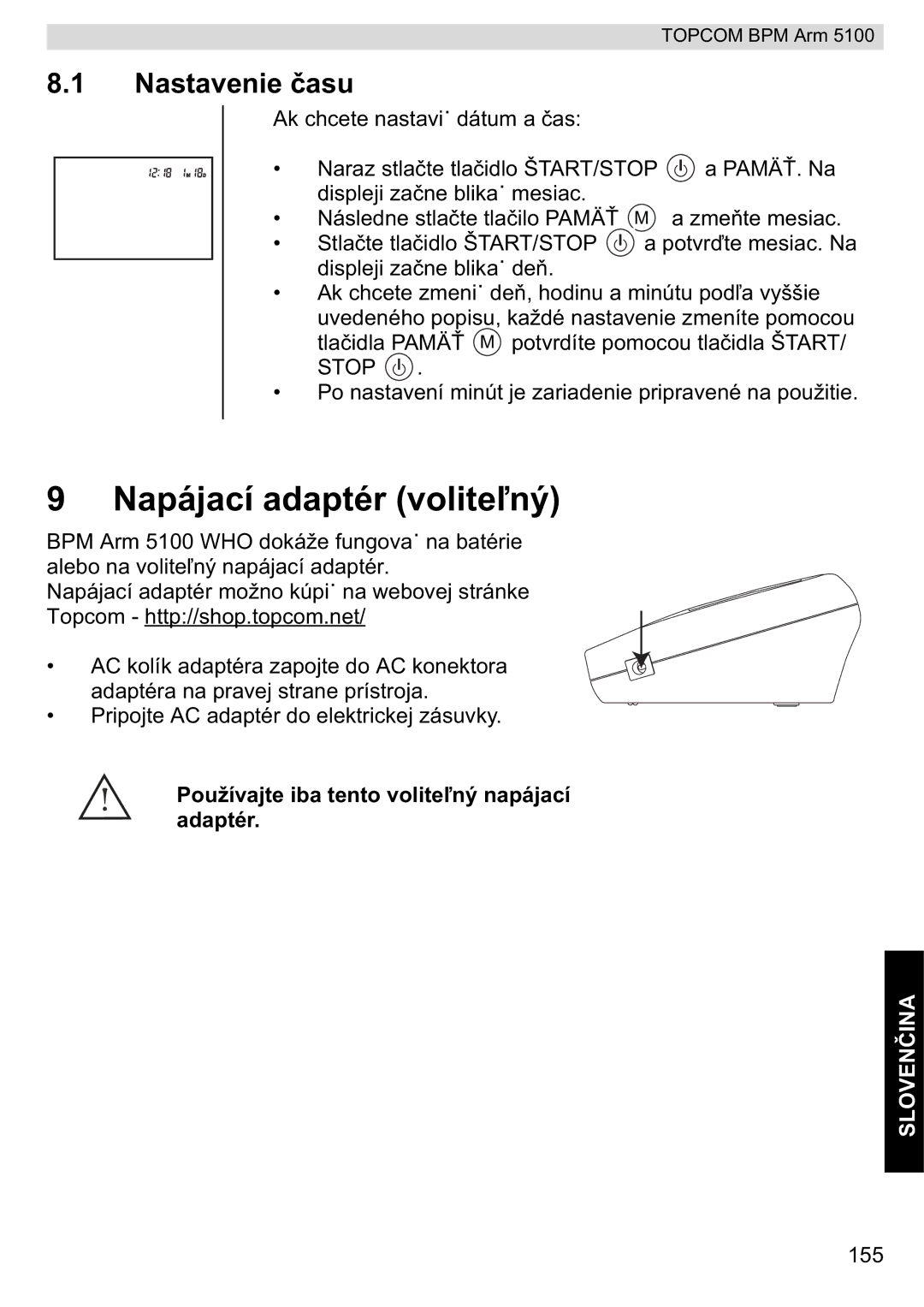 Topcom 5100 WHO manual do utilizador Napájací adaptér volite, Nastavenie su 