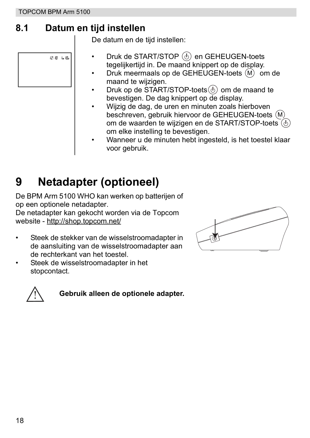 Topcom 5100 WHO manual do utilizador Netadapter optioneel, Datum en tijd instellen 