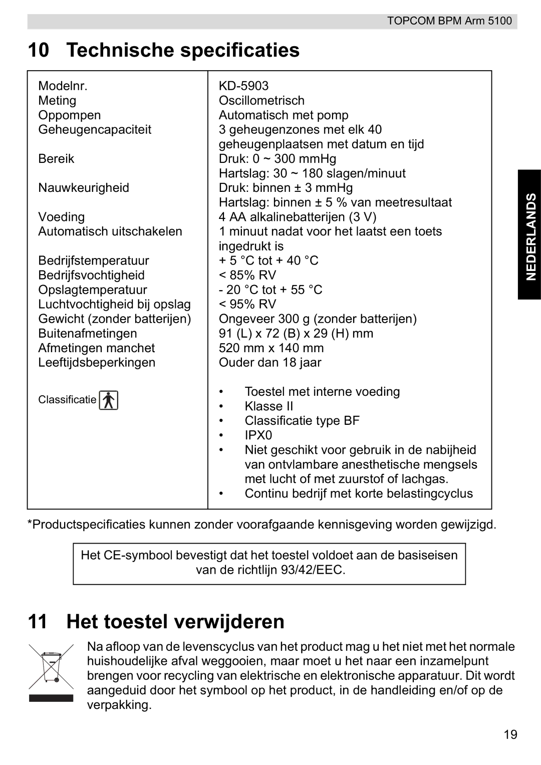 Topcom 5100 WHO manual do utilizador Technische specificaties, Het toestel verwijderen 