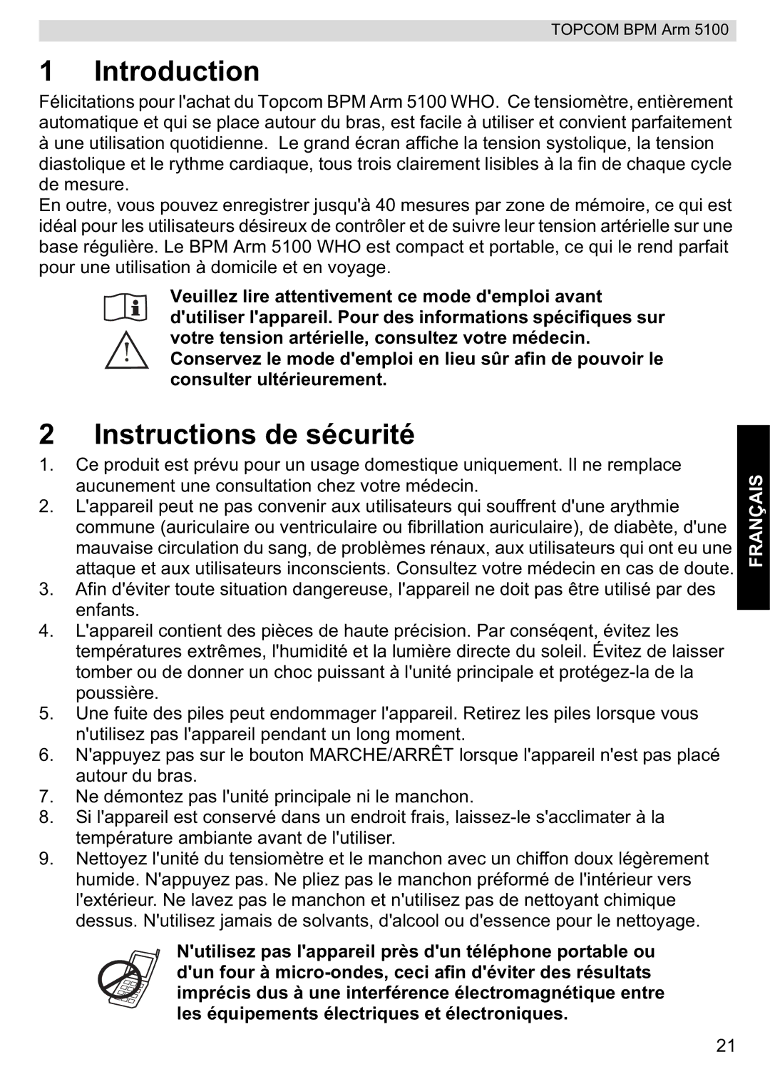 Topcom 5100 WHO manual do utilizador Introduction, Instructions de sécurité 