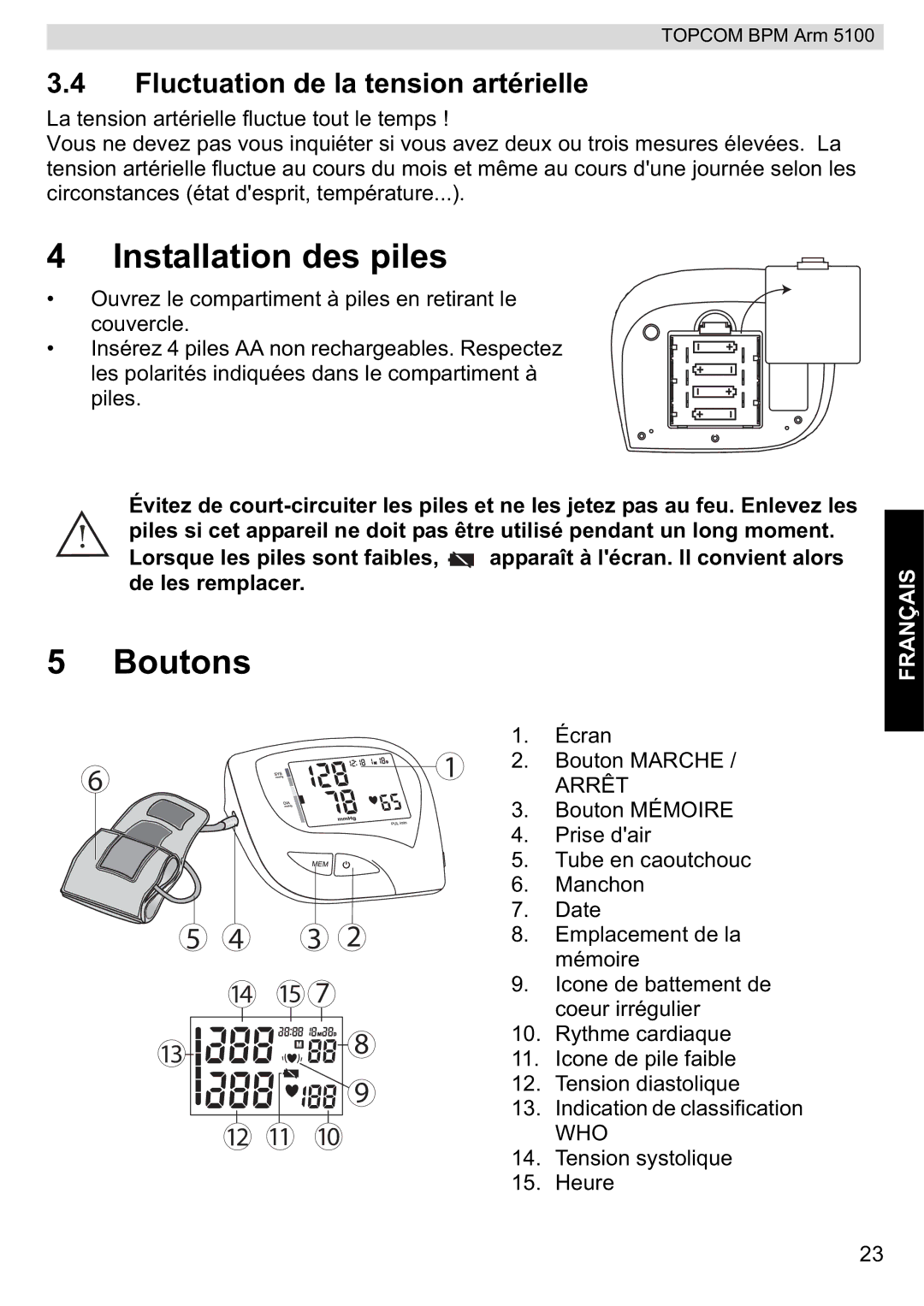 Topcom 5100 WHO manual do utilizador Installation des piles, Boutons, Fluctuation de la tension artérielle 