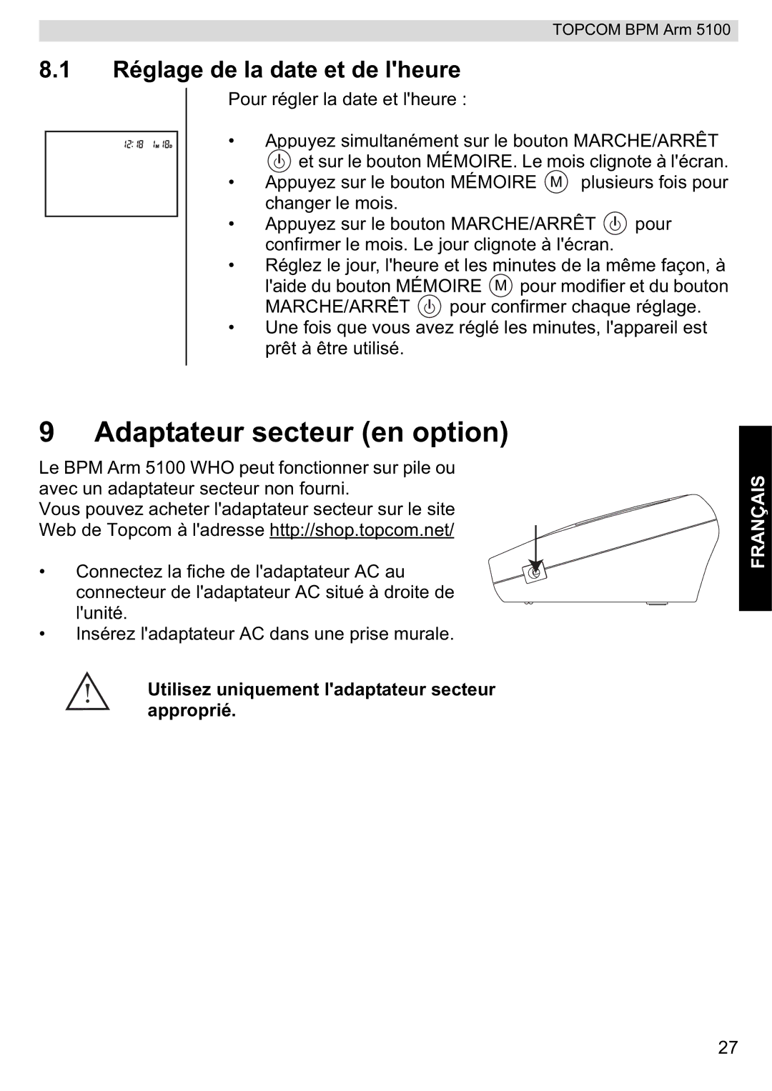 Topcom 5100 WHO manual do utilizador Adaptateur secteur en option, Réglage de la date et de lheure 