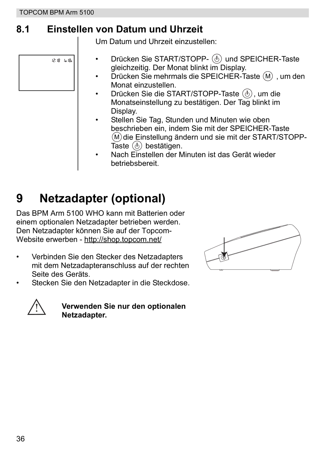 Topcom 5100 WHO manual do utilizador Netzadapter optional, Einstellen von Datum und Uhrzeit 