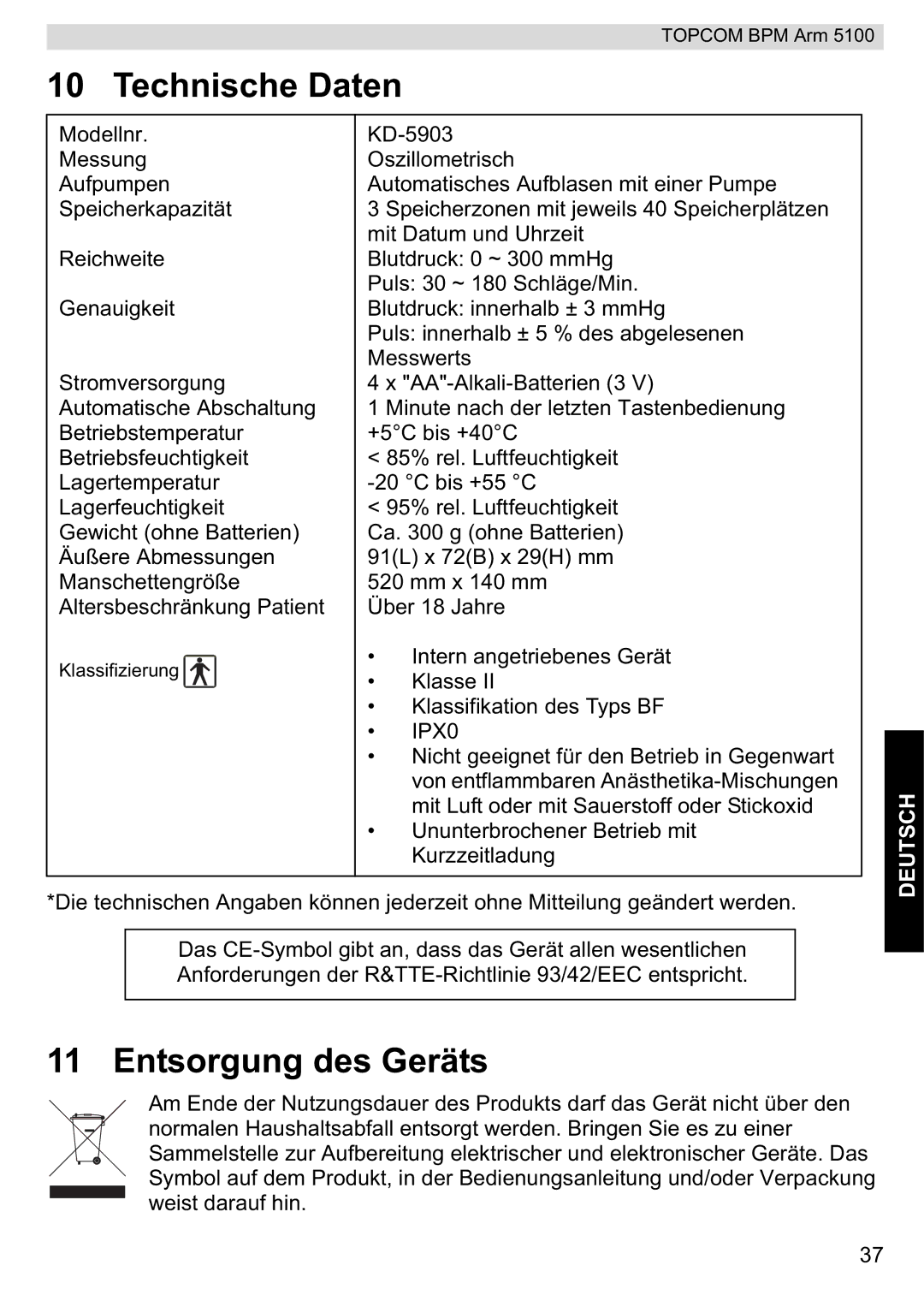 Topcom 5100 WHO manual do utilizador Technische Daten, Entsorgung des Geräts 