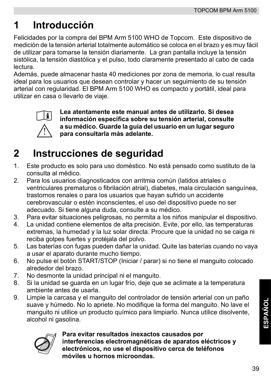 Topcom 5100 WHO manual do utilizador Introducción, Instrucciones de seguridad 