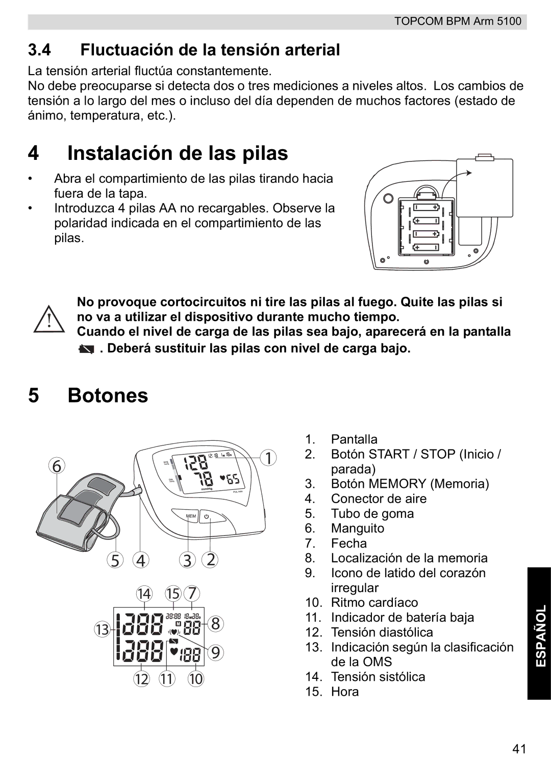 Topcom 5100 WHO manual do utilizador Instalación de las pilas, Botones, Fluctuación de la tensión arterial 