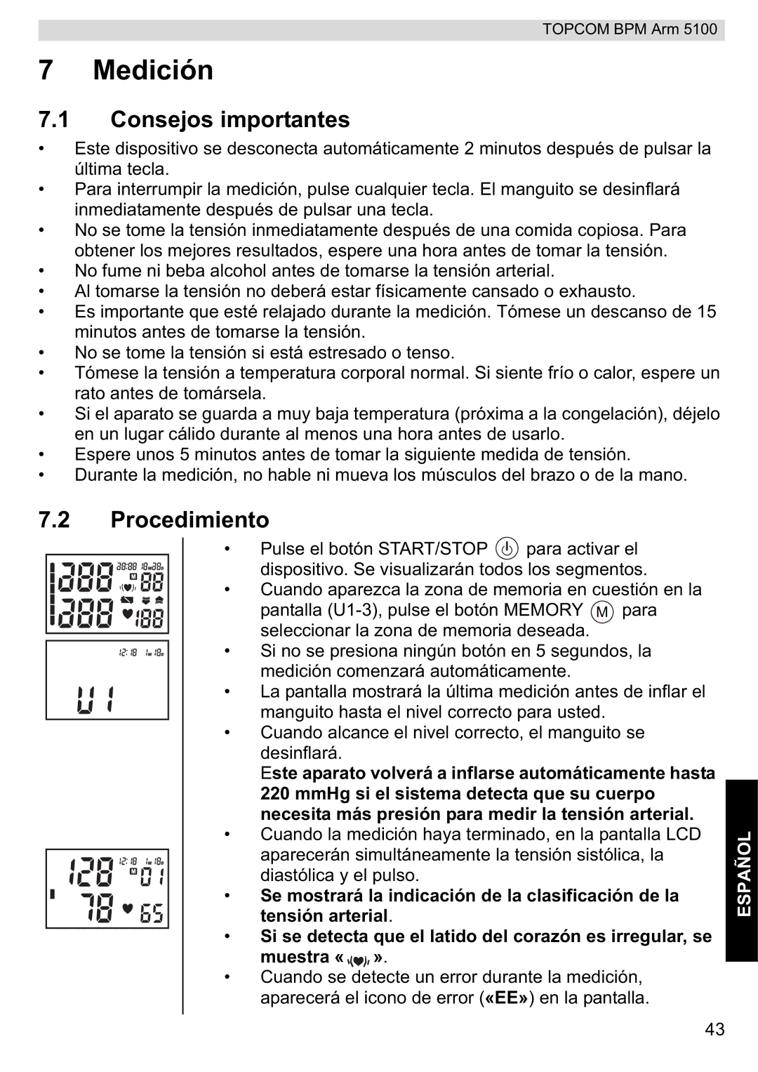 Topcom 5100 WHO manual do utilizador Medición, Consejos importantes, Procedimiento 