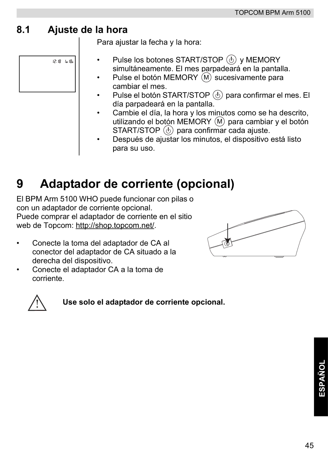 Topcom 5100 WHO manual do utilizador Adaptador de corriente opcional, Ajuste de la hora 