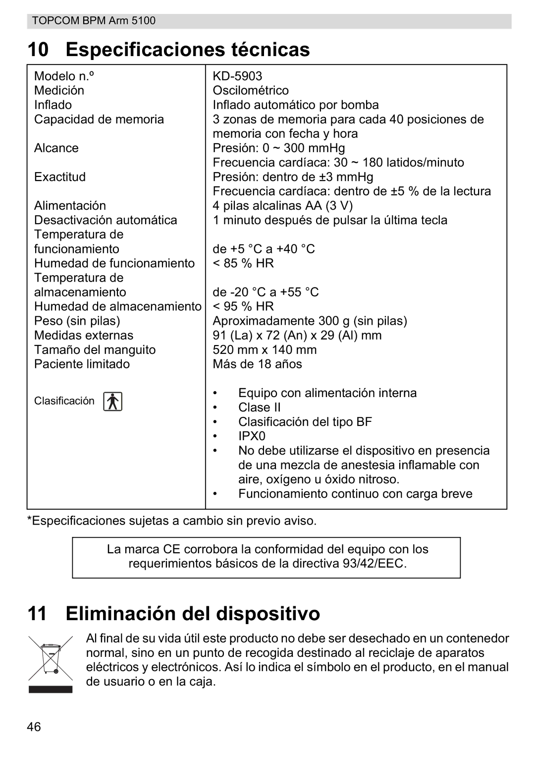 Topcom 5100 WHO manual do utilizador Especificaciones técnicas, Eliminación del dispositivo 