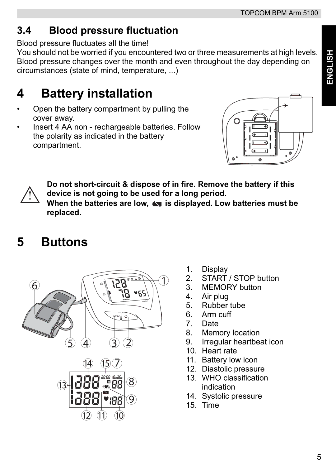 Topcom 5100 WHO manual do utilizador Battery installation, Buttons, Blood pressure fluctuation 