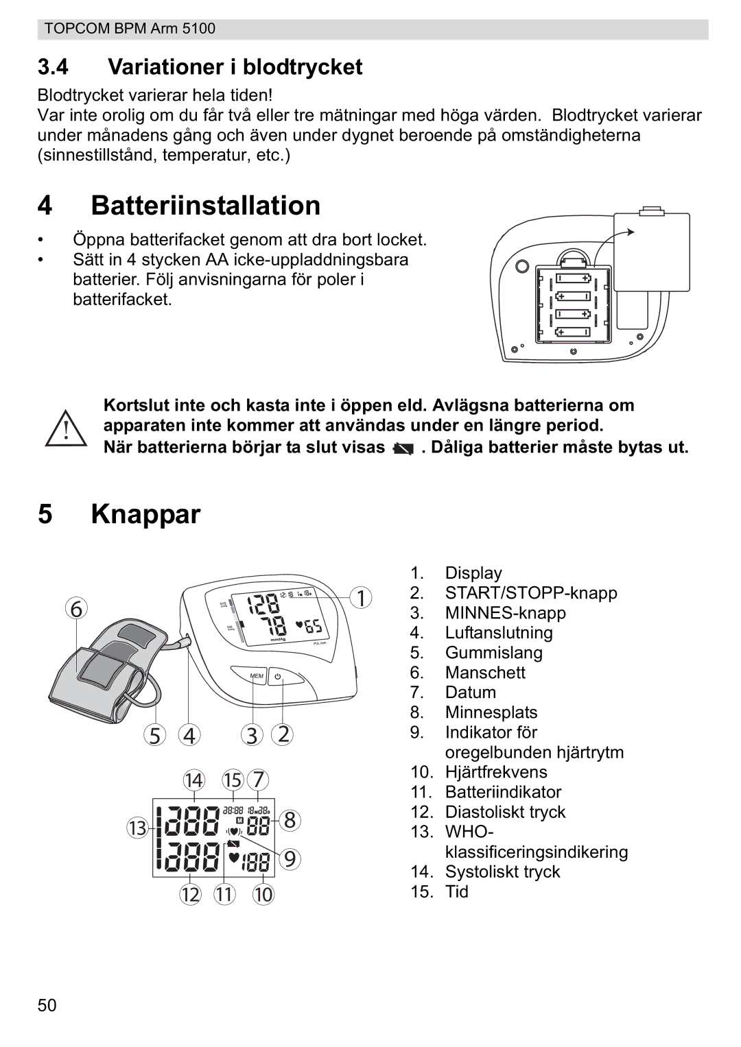 Topcom 5100 WHO manual do utilizador Batteriinstallation, Knappar, Variationer i blodtrycket 