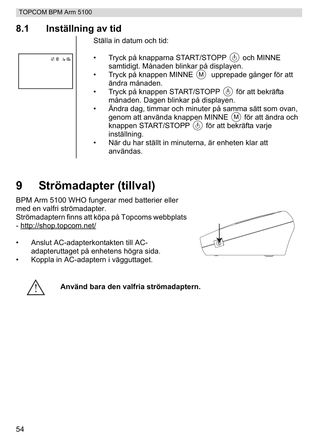 Topcom 5100 WHO manual do utilizador Strömadapter tillval, Inställning av tid 