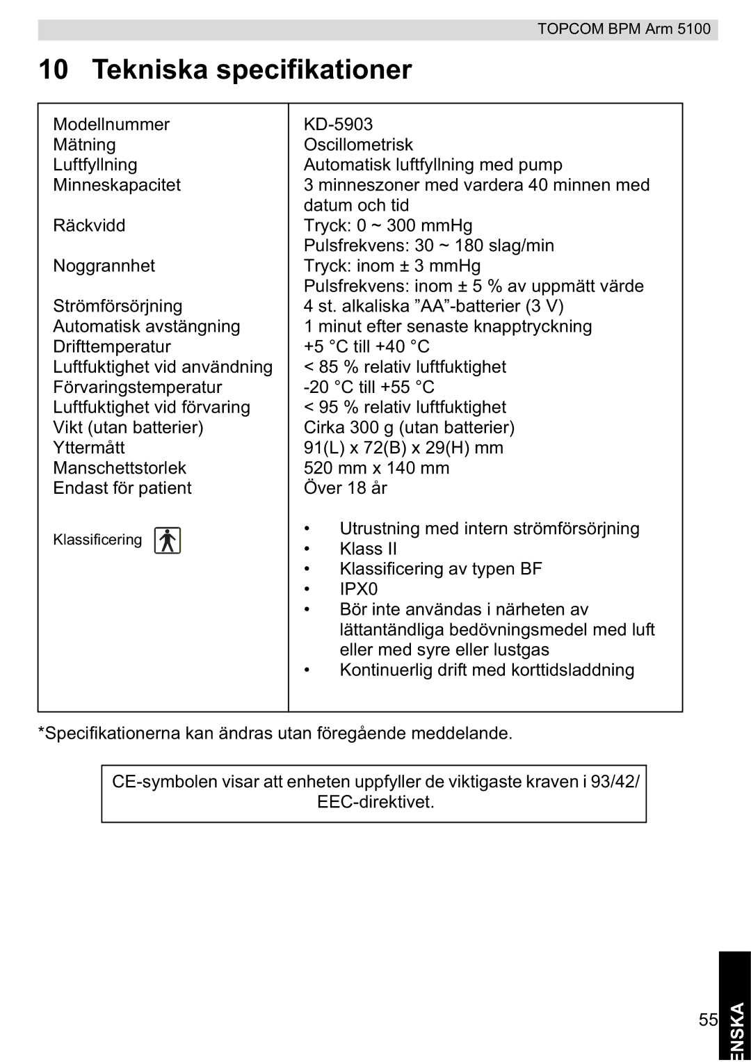 Topcom 5100 WHO manual do utilizador Tekniska specifikationer 