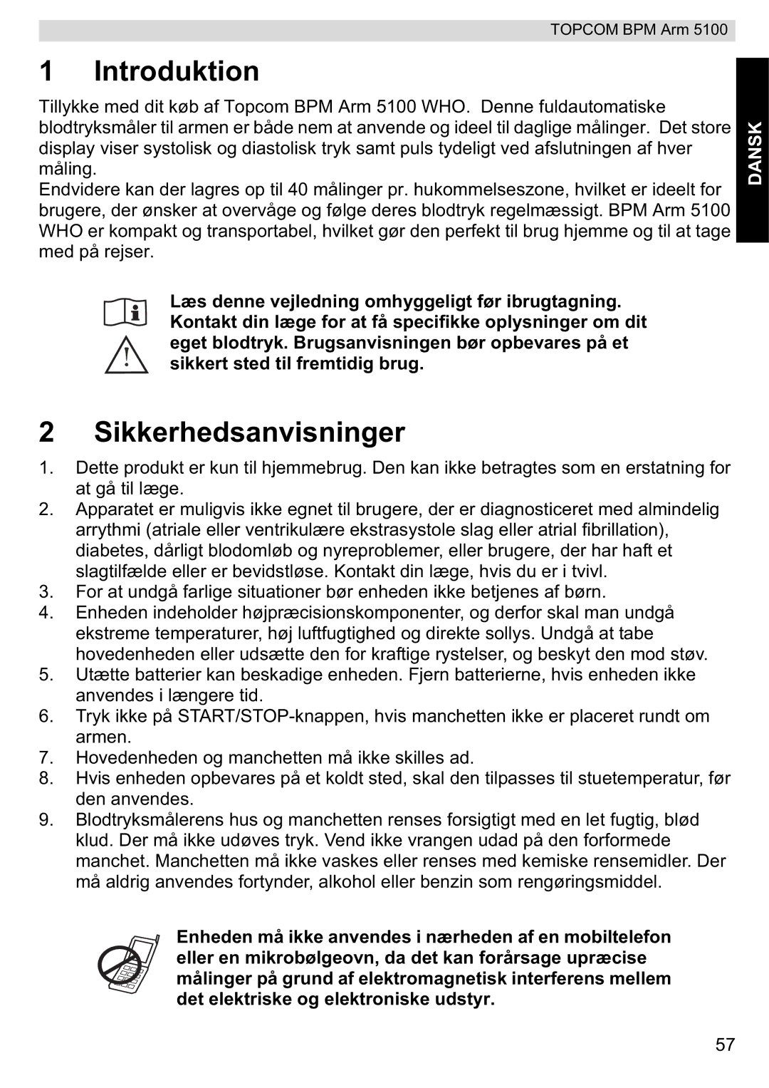 Topcom 5100 WHO manual do utilizador Introduktion, Sikkerhedsanvisninger 