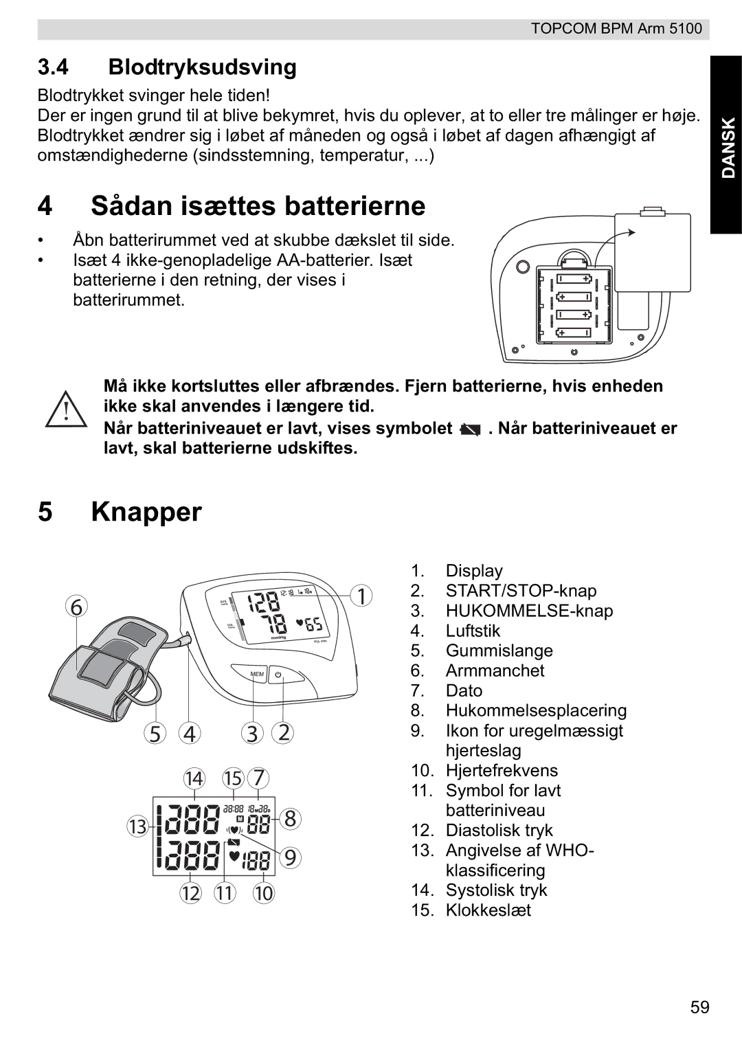 Topcom 5100 WHO manual do utilizador Sådan isættes batterierne, Knapper, Blodtryksudsving 