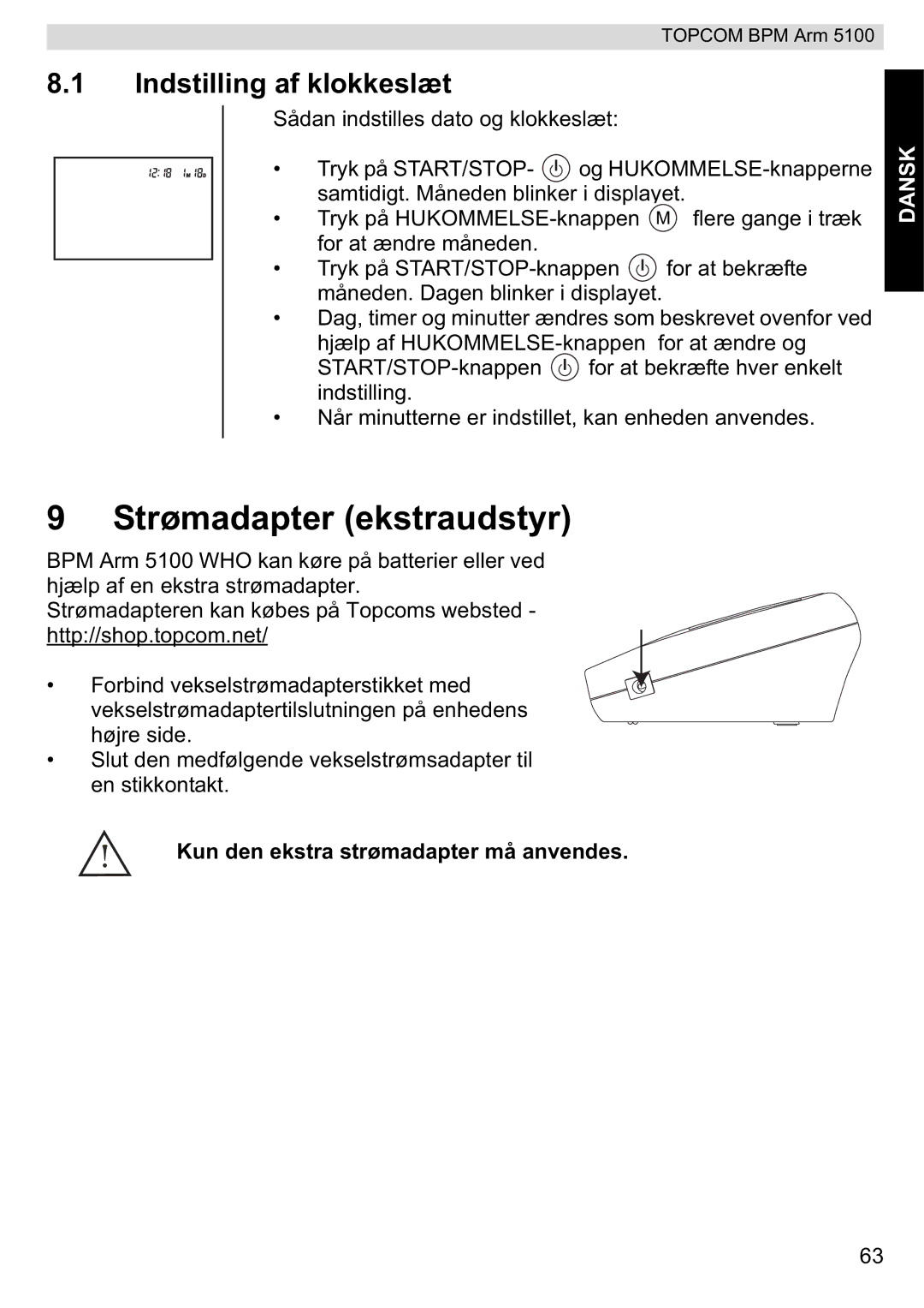 Topcom 5100 WHO manual do utilizador Strømadapter ekstraudstyr, Indstilling af klokkeslæt 