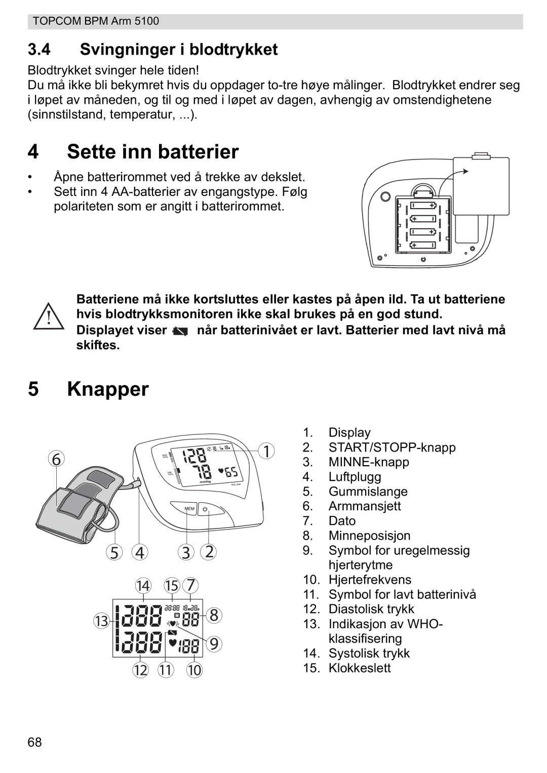 Topcom 5100 WHO manual do utilizador Sette inn batterier, Svingninger i blodtrykket 