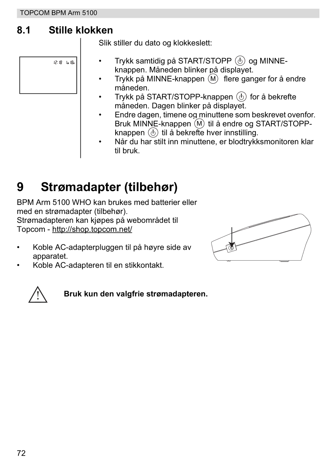 Topcom 5100 WHO manual do utilizador Strømadapter tilbehør, Stille klokken 