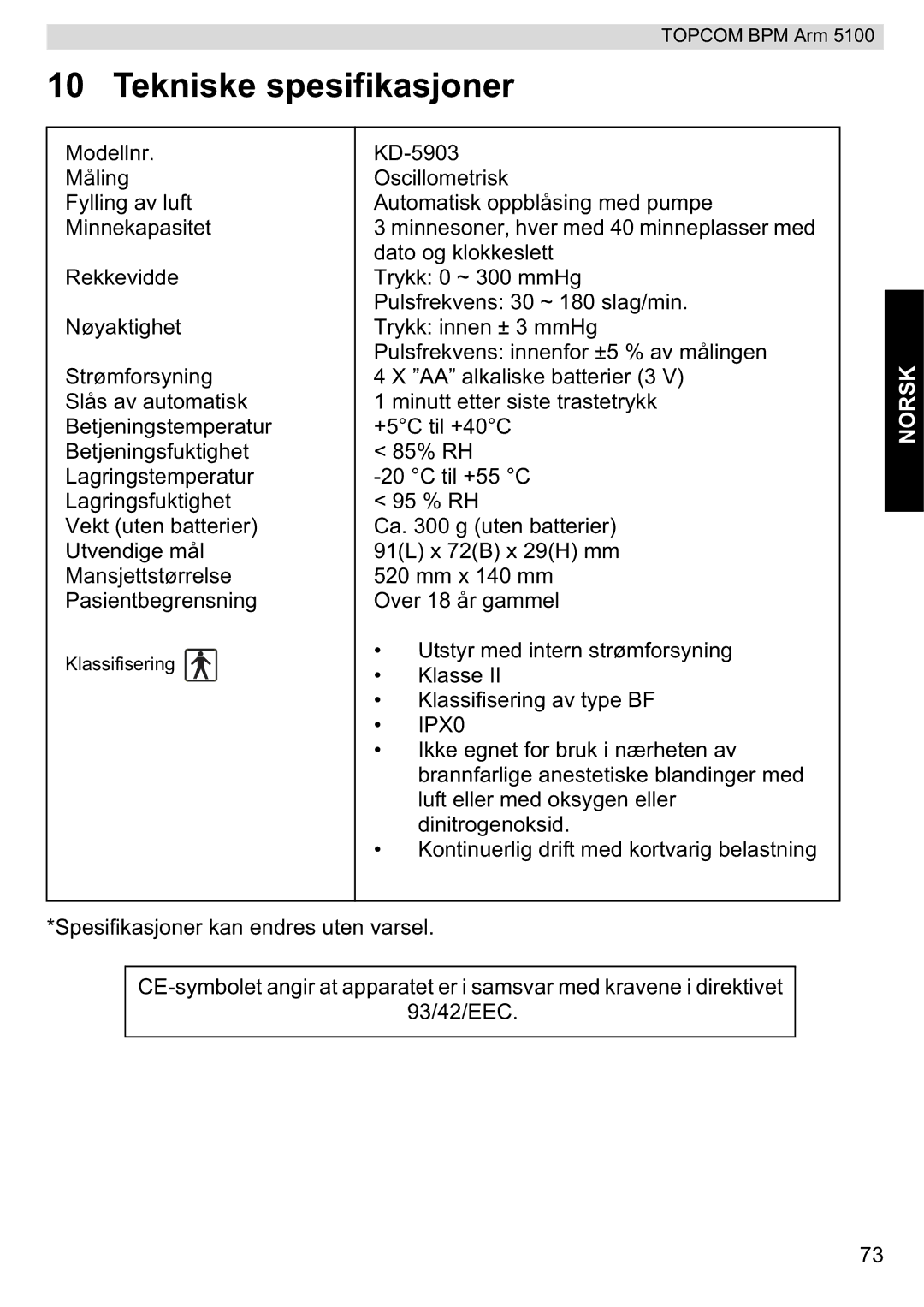 Topcom 5100 WHO manual do utilizador Tekniske spesifikasjoner 