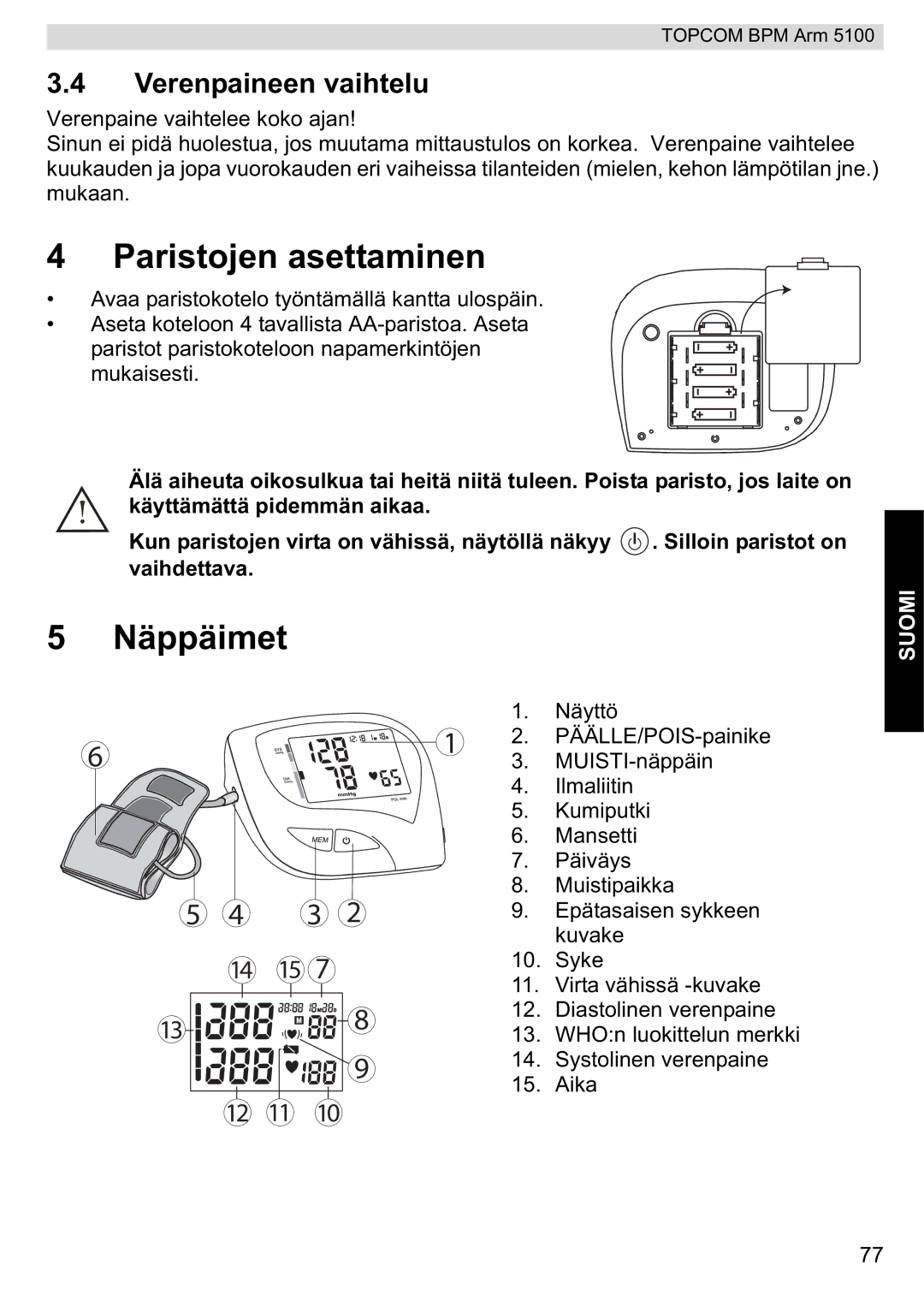 Topcom 5100 WHO manual do utilizador Paristojen asettaminen, Näppäimet, Verenpaineen vaihtelu 