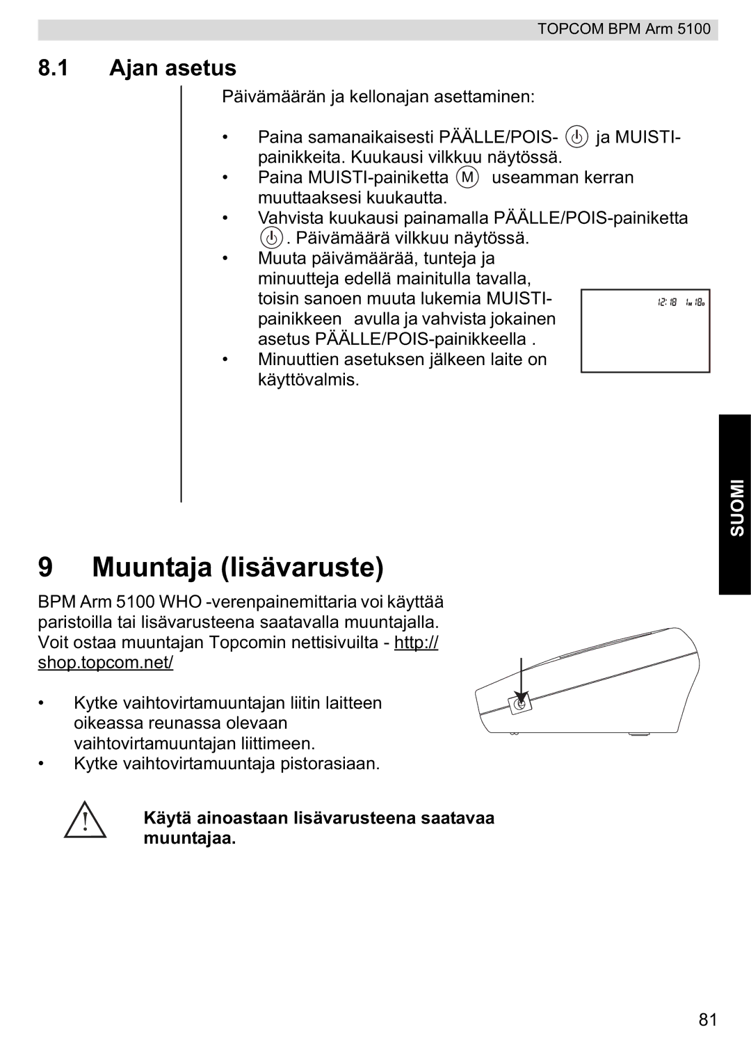 Topcom 5100 WHO manual do utilizador Muuntaja lisävaruste, Ajan asetus 