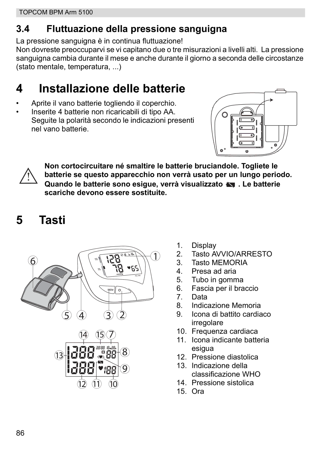 Topcom 5100 WHO manual do utilizador Installazione delle batterie, Tasti, Fluttuazione della pressione sanguigna 