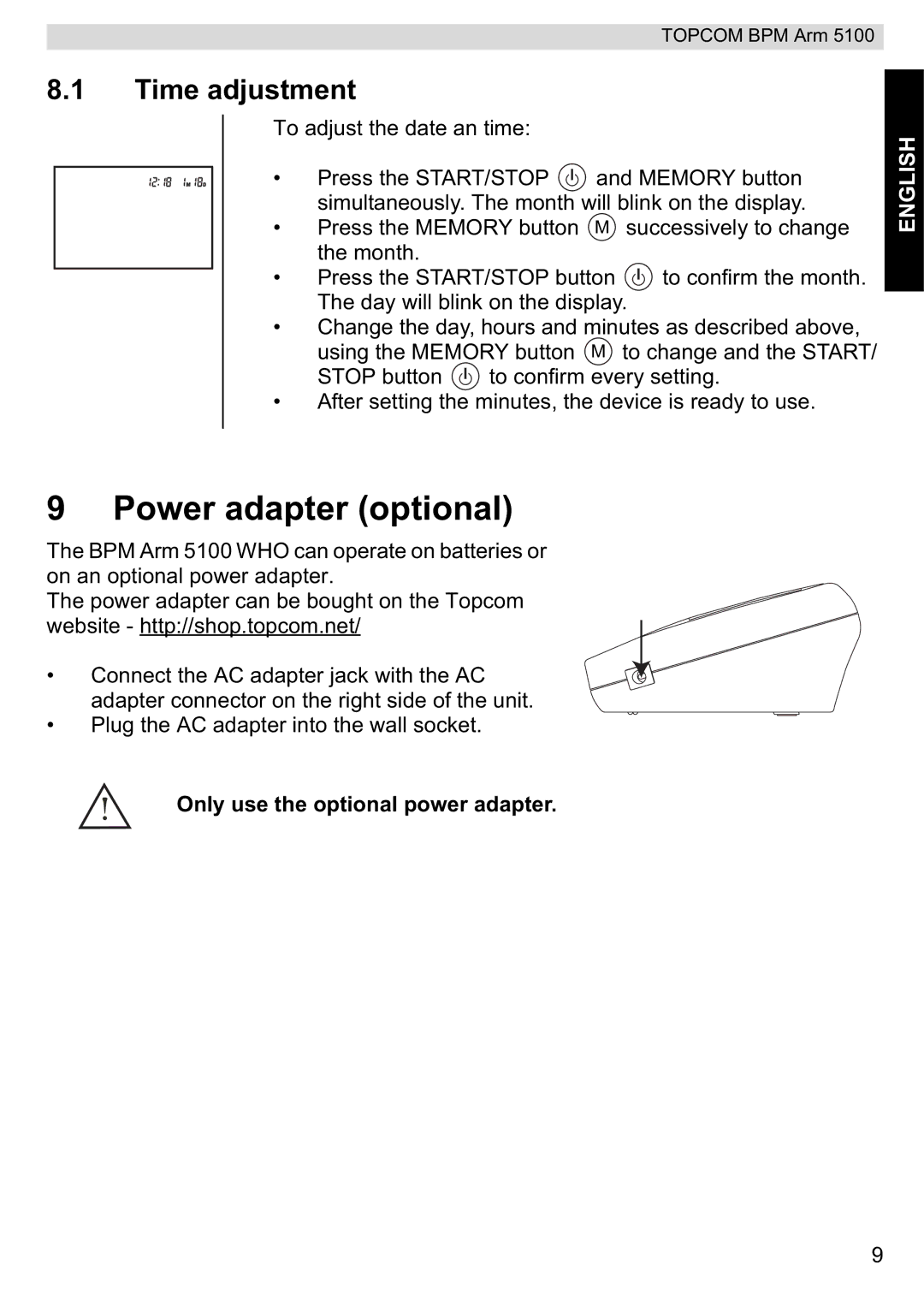 Topcom 5100 WHO manual do utilizador Power adapter optional, Time adjustment 