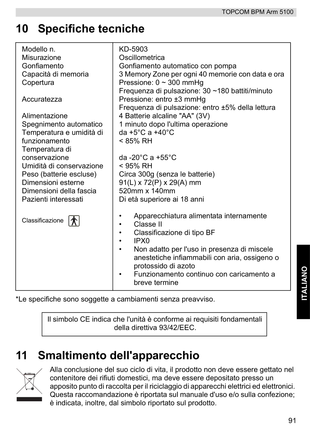 Topcom 5100 WHO manual do utilizador Specifiche tecniche, Smaltimento dellapparecchio 