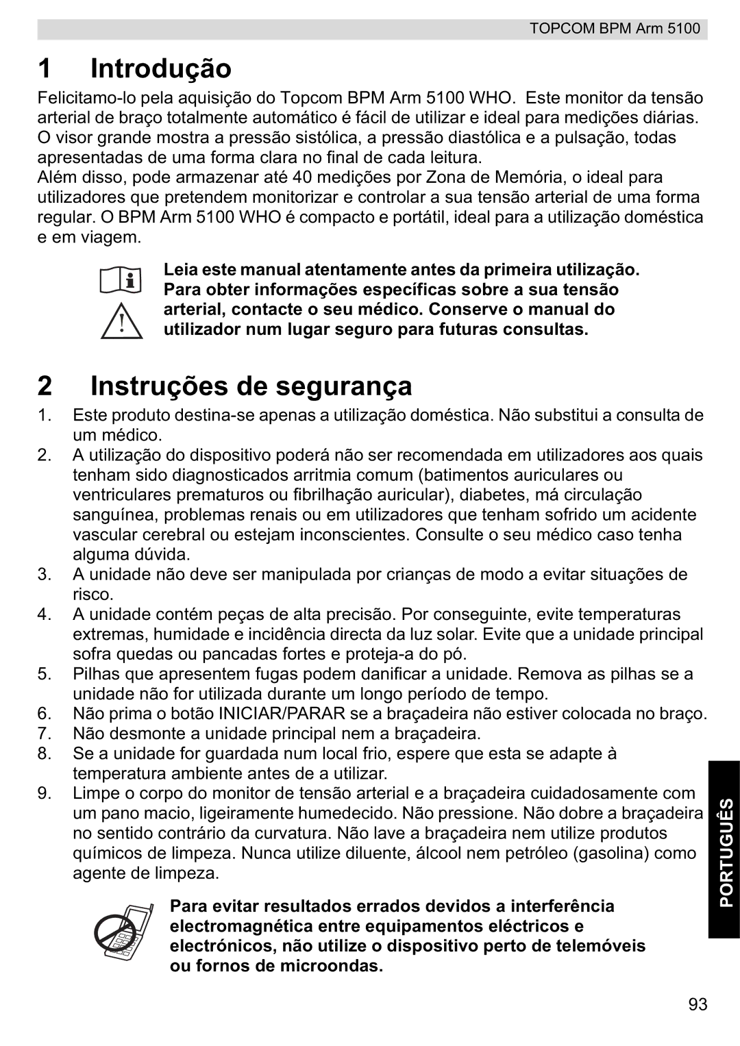 Topcom 5100 WHO manual do utilizador Introdução, Instruções de segurança 