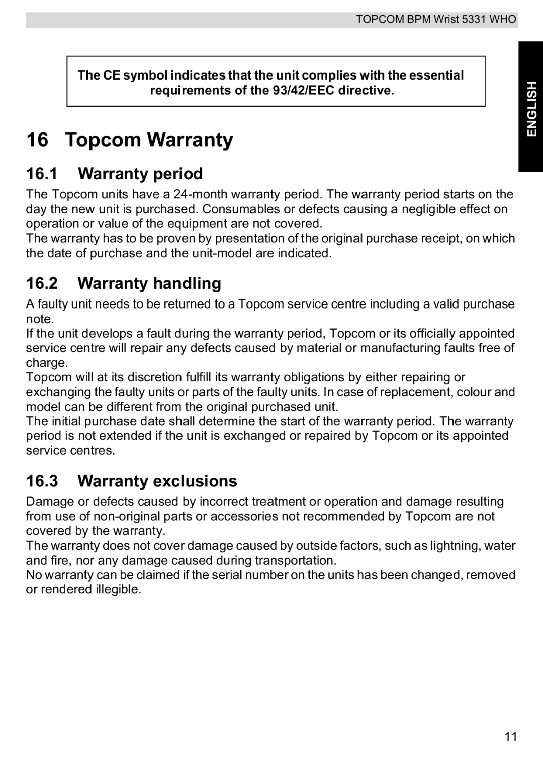 Topcom 5331 WHO manual Topcom Warranty, Warranty period, Warranty handling, Warranty exclusions 