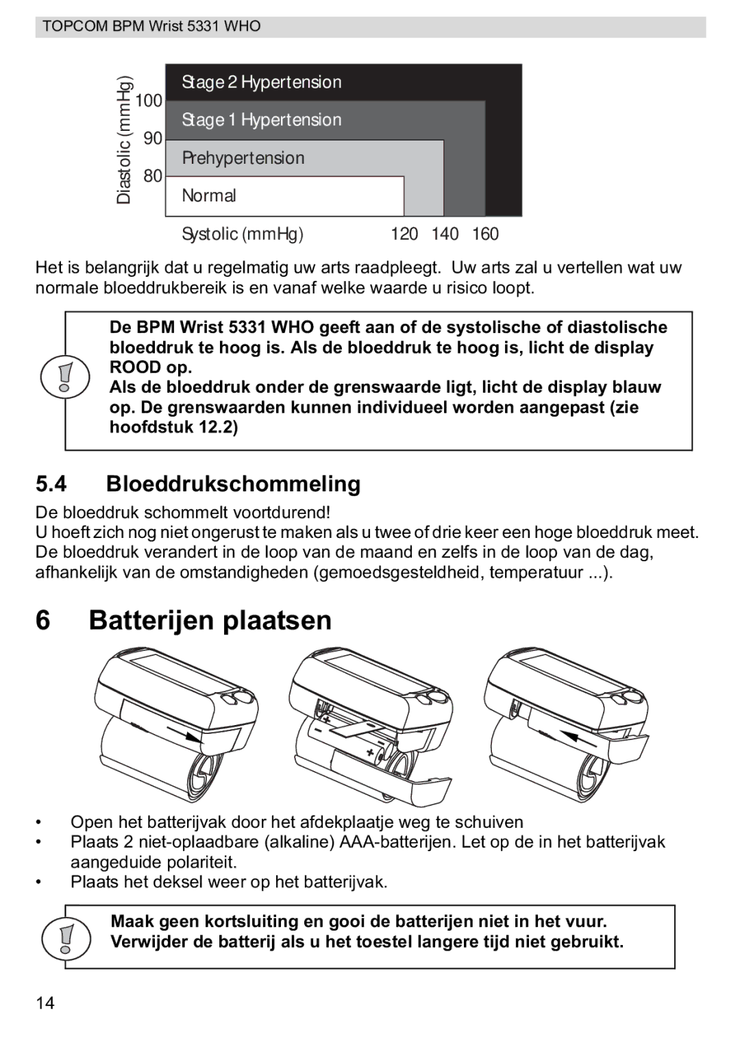 Topcom 5331 WHO manual Batterijen plaatsen, Bloeddrukschommeling 