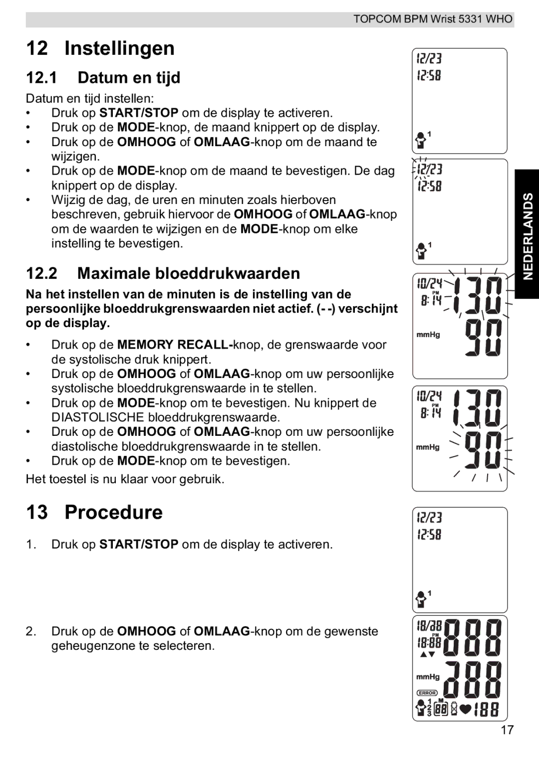 Topcom 5331 WHO manual Instellingen, Datum en tijd, Maximale bloeddrukwaarden 