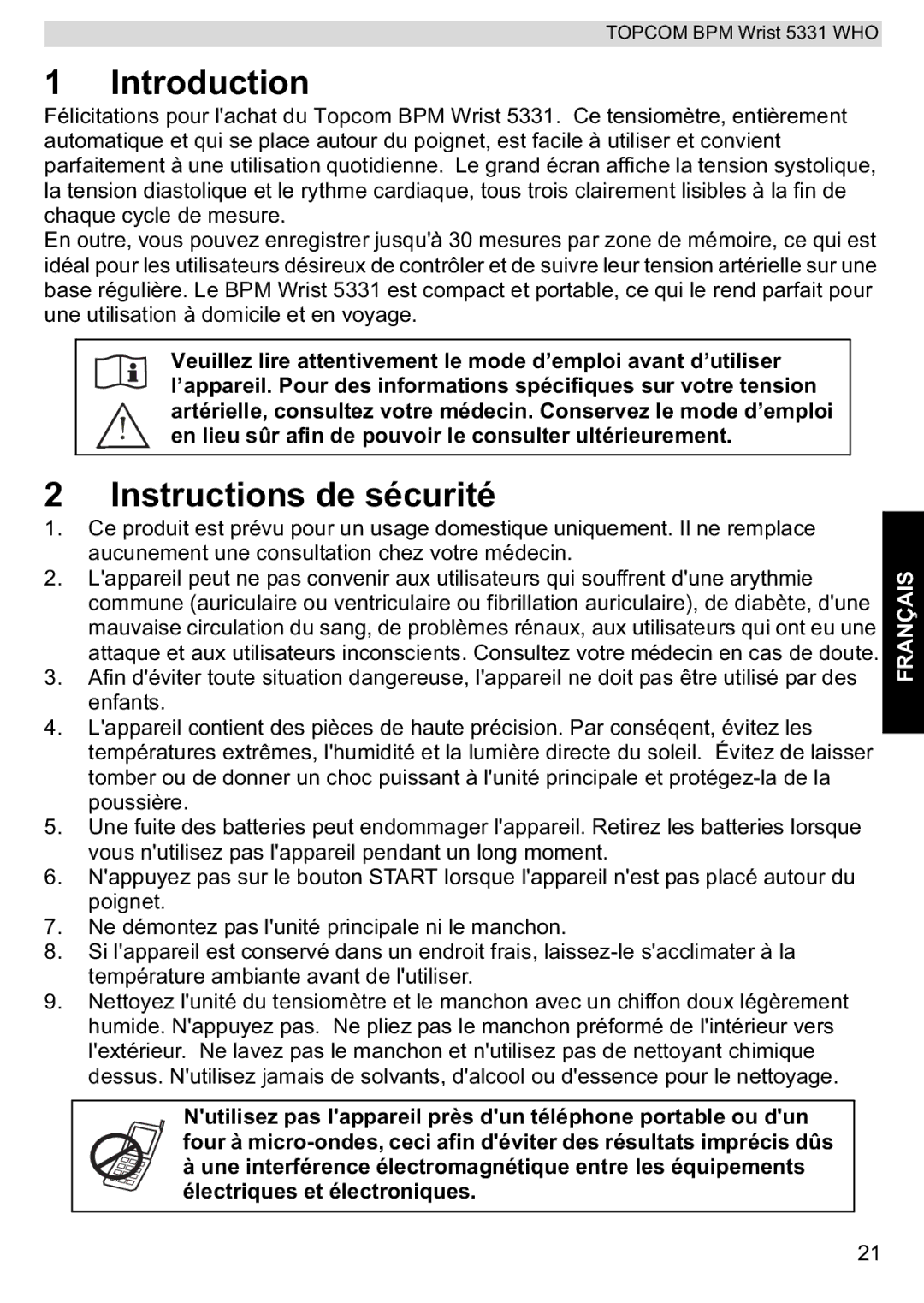 Topcom 5331 WHO manual Introduction, Instructions de sécurité 