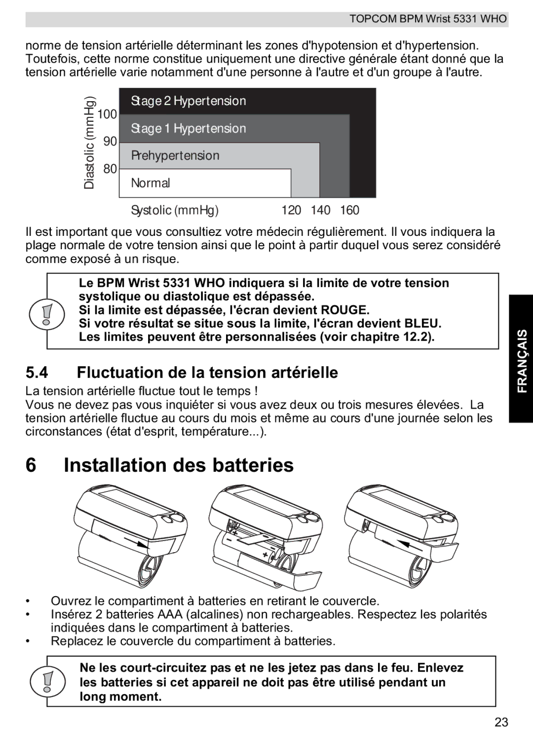 Topcom 5331 WHO manual Installation des batteries, Fluctuation de la tension artérielle 