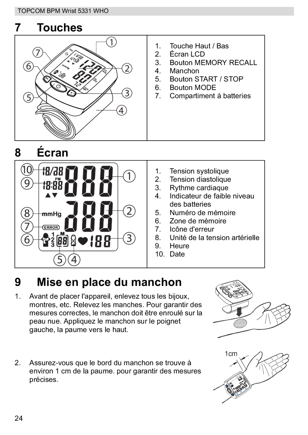 Topcom 5331 WHO manual Touches, Écran, Mise en place du manchon 