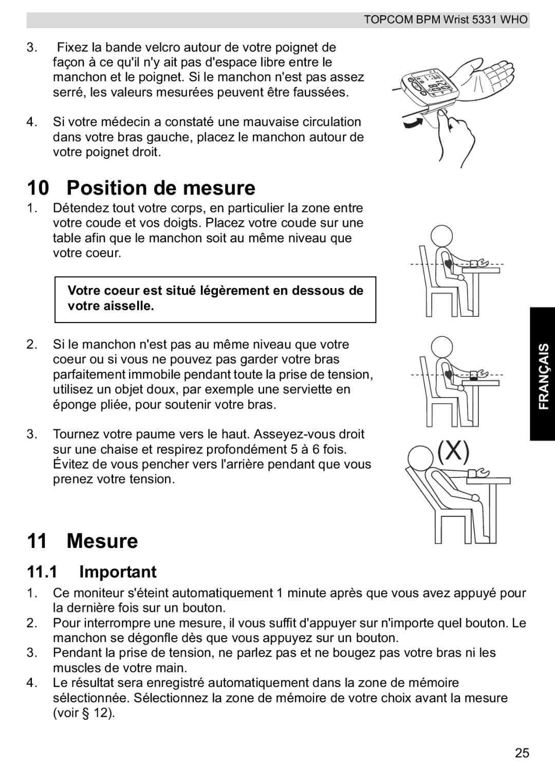 Topcom 5331 WHO manual Position de mesure, Mesure 