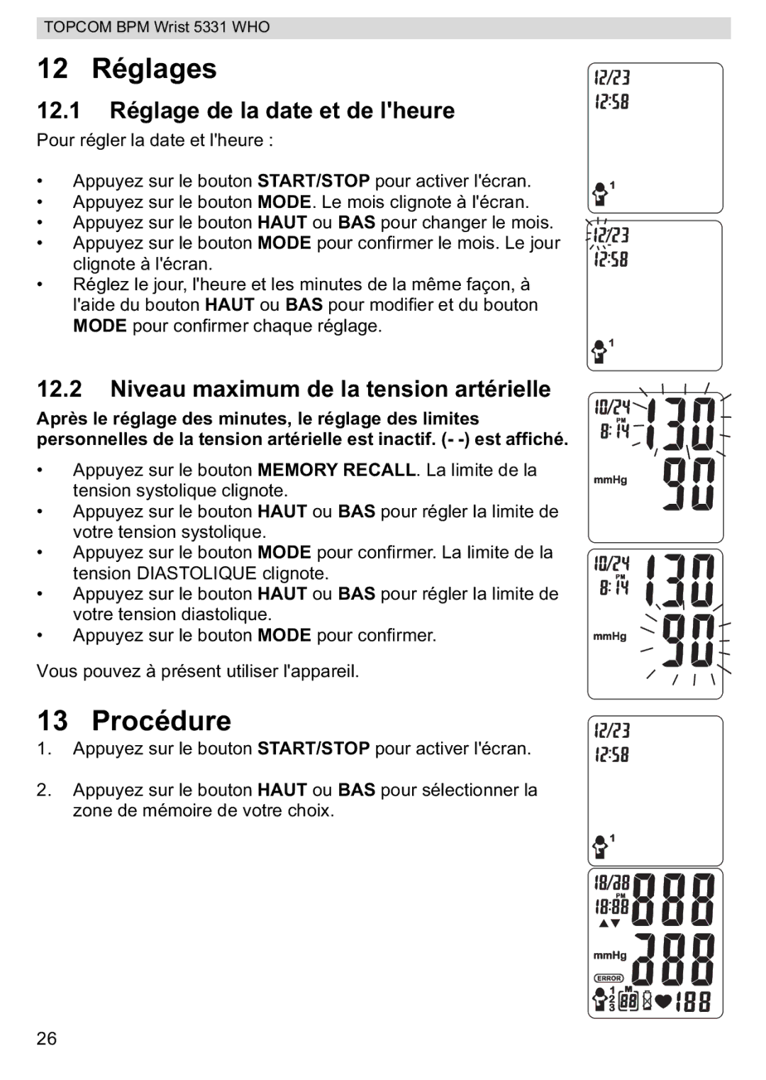 Topcom 5331 WHO 12 Réglages, Procédure, 12.1 Réglage de la date et de lheure, Niveau maximum de la tension artérielle 