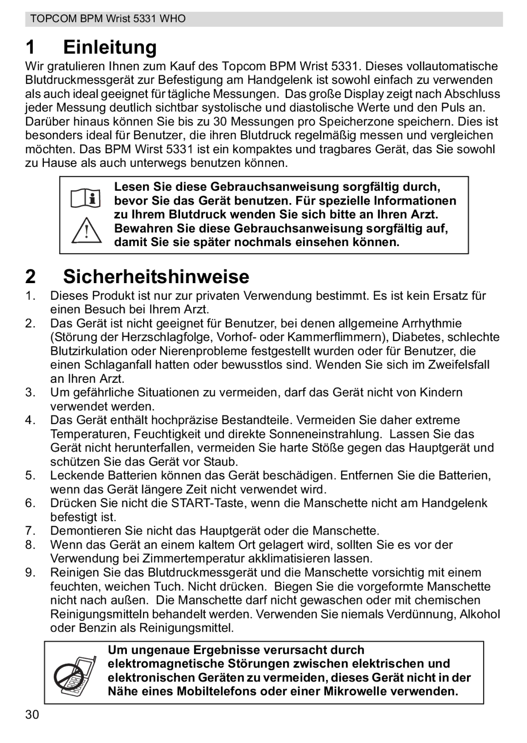 Topcom 5331 WHO manual Einleitung, Sicherheitshinweise 