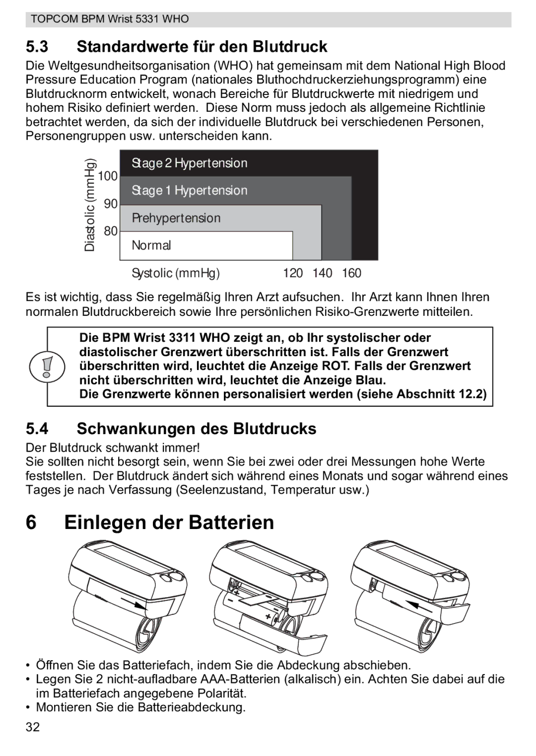 Topcom 5331 WHO manual Einlegen der Batterien, Standardwerte für den Blutdruck, Schwankungen des Blutdrucks 