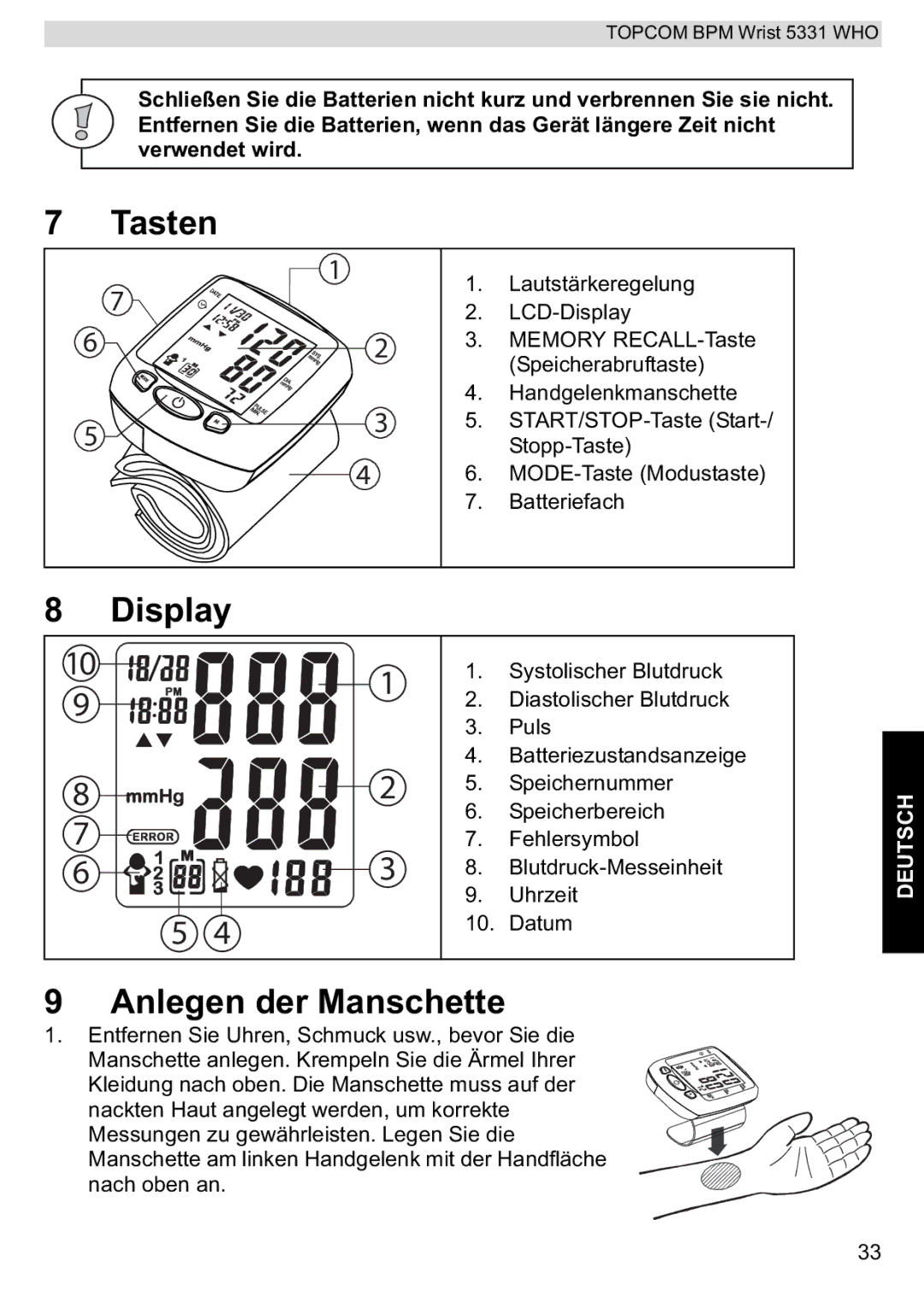 Topcom 5331 WHO manual Tasten, Anlegen der Manschette 