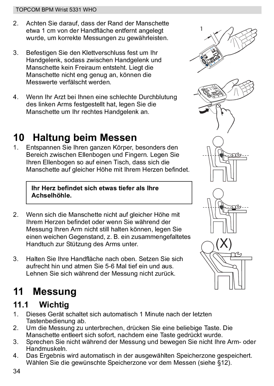 Topcom 5331 WHO manual Haltung beim Messen, Messung, Wichtig 