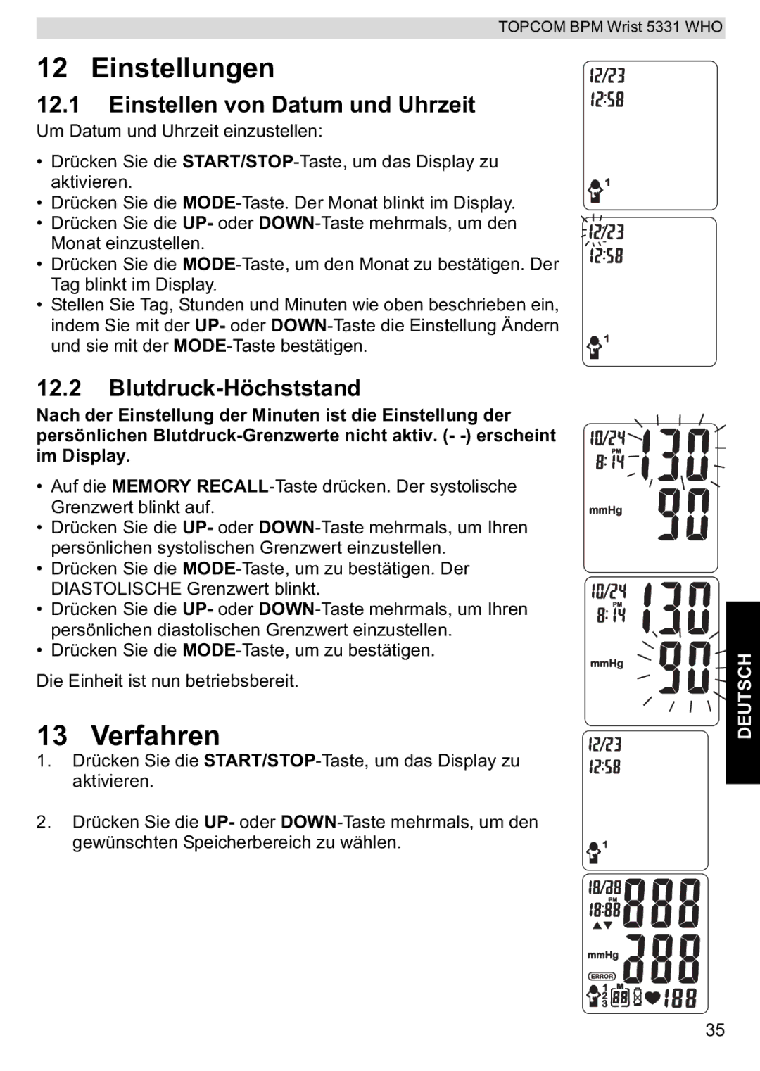 Topcom 5331 WHO manual Einstellungen, Verfahren, Einstellen von Datum und Uhrzeit, Blutdruck-Höchststand 