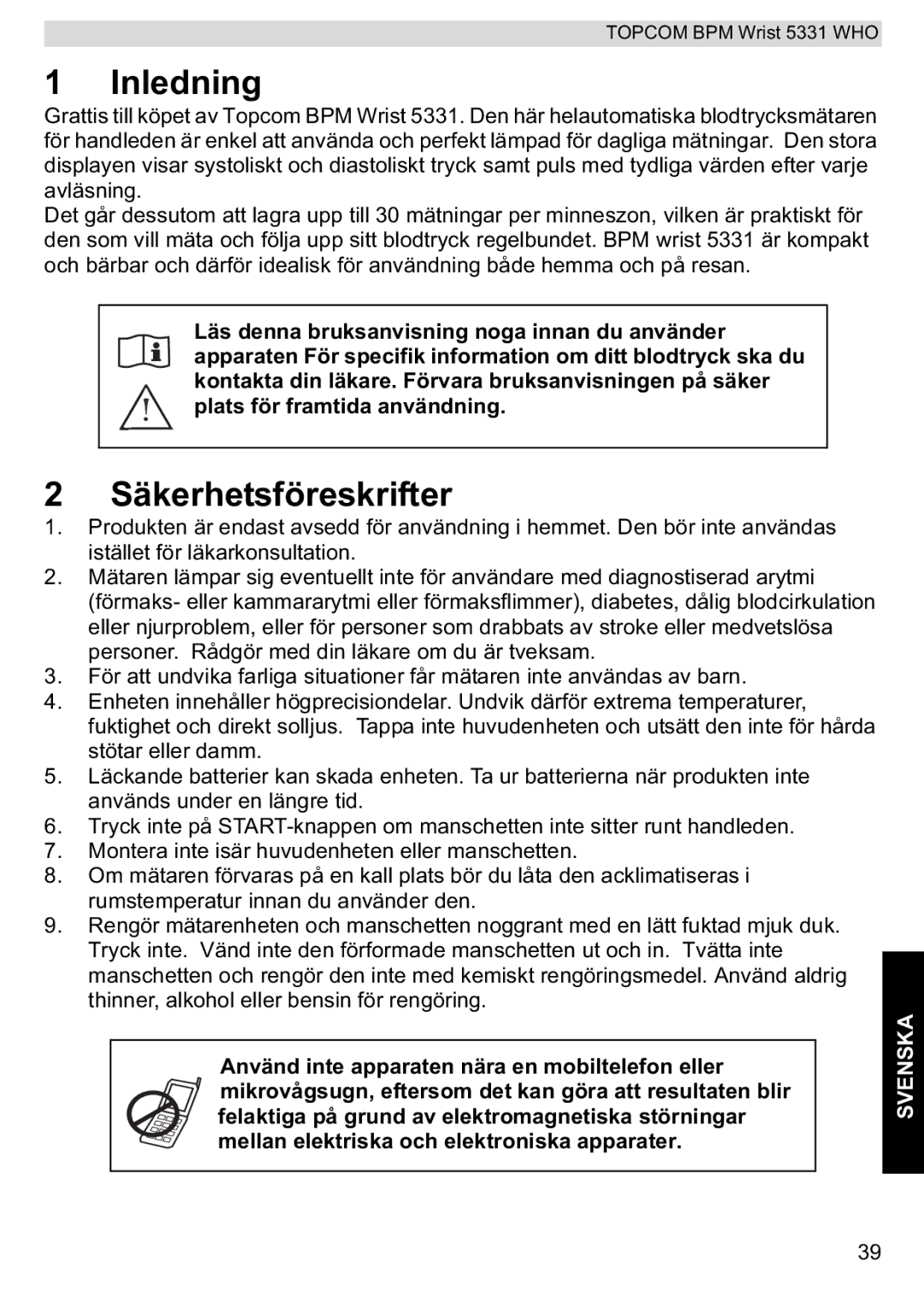 Topcom 5331 WHO manual Inledning, Säkerhetsföreskrifter 