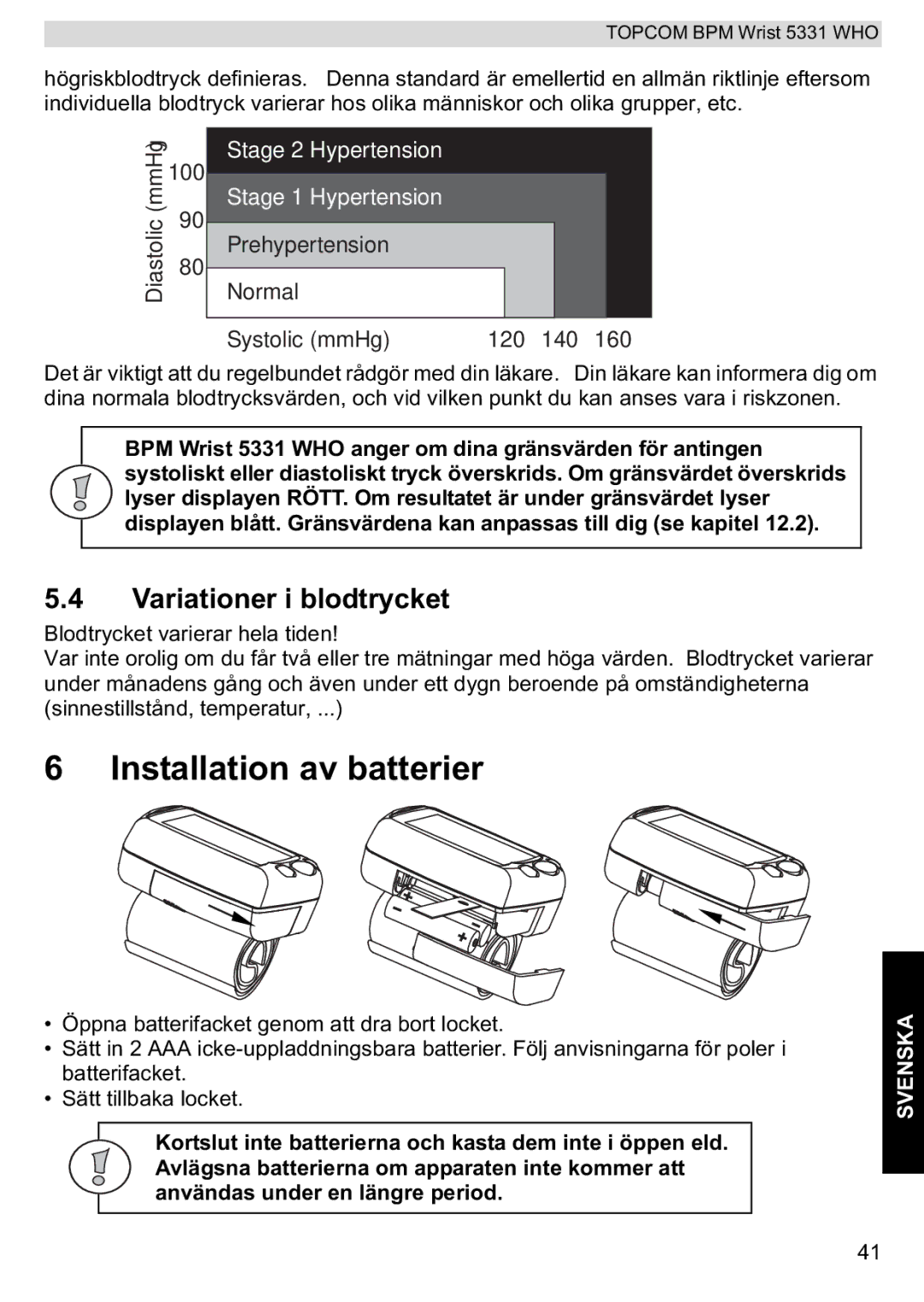 Topcom 5331 WHO manual Installation av batterier, Variationer i blodtrycket 