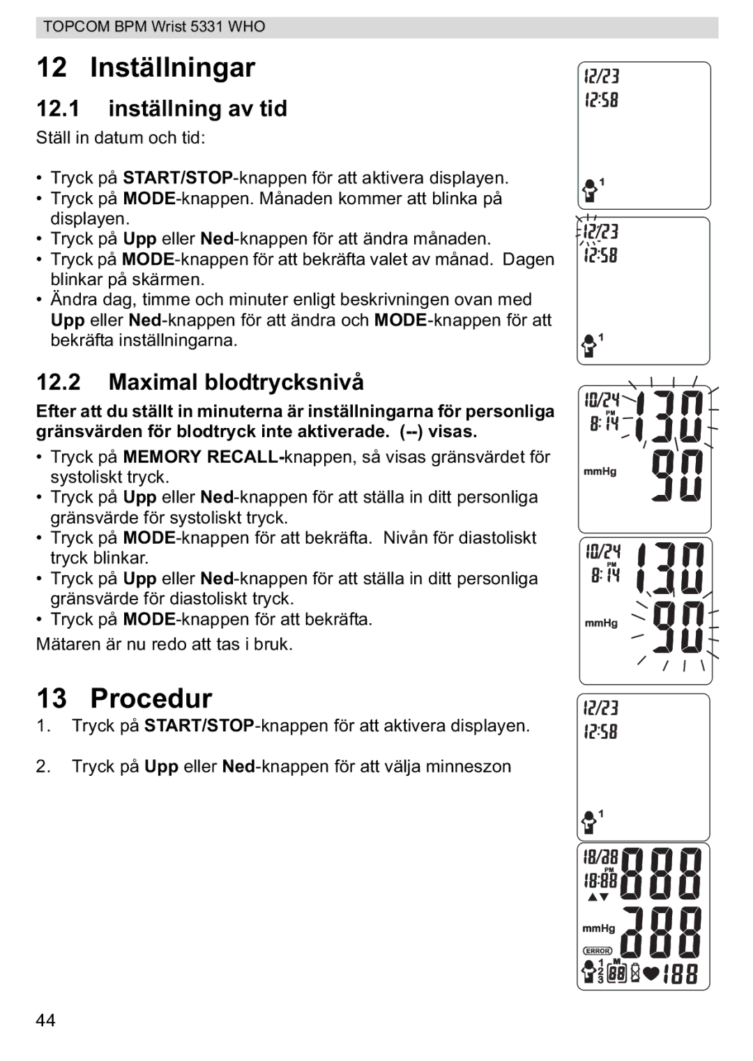 Topcom 5331 WHO manual Inställningar, Procedur, Inställning av tid, Maximal blodtrycksnivå 