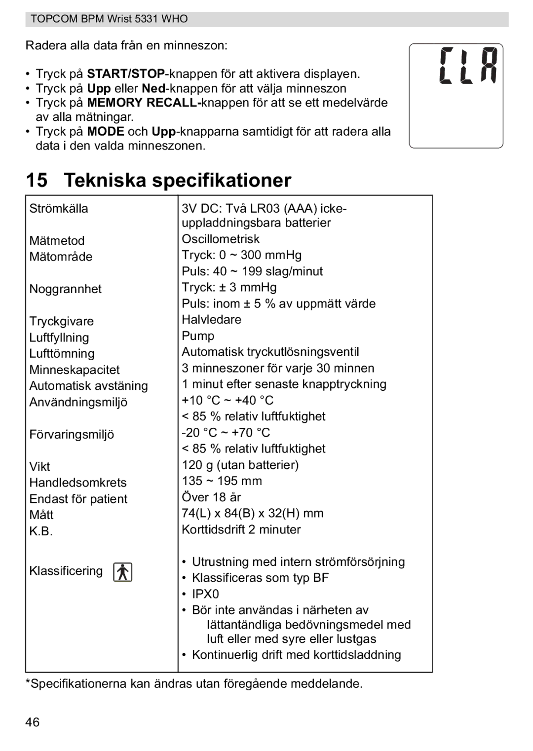 Topcom 5331 WHO manual Tekniska specifikationer 