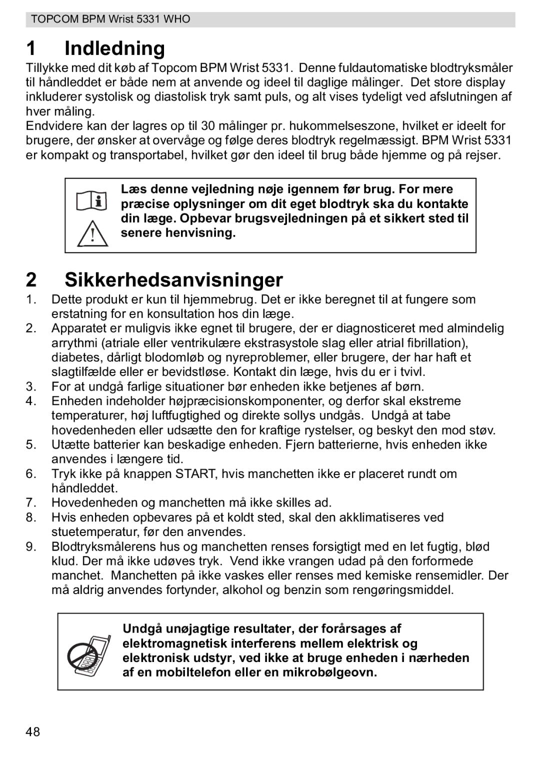 Topcom 5331 WHO manual Indledning, Sikkerhedsanvisninger 