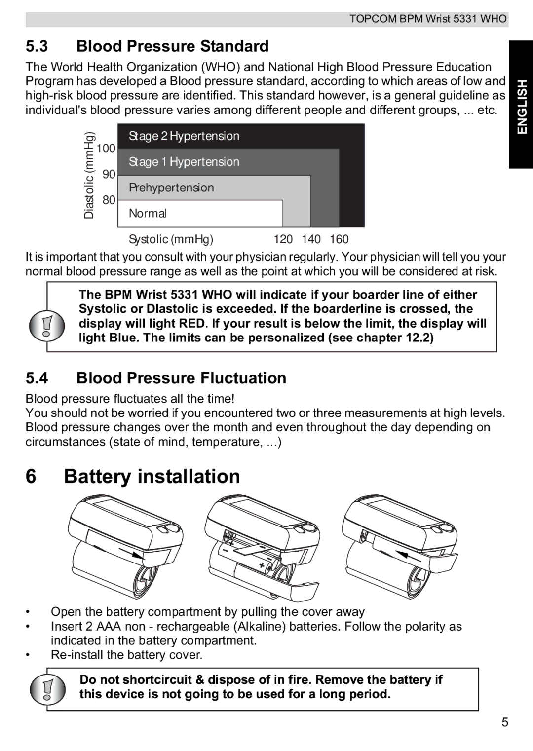 Topcom 5331 WHO manual Battery installation, Blood Pressure Standard, Blood Pressure Fluctuation 